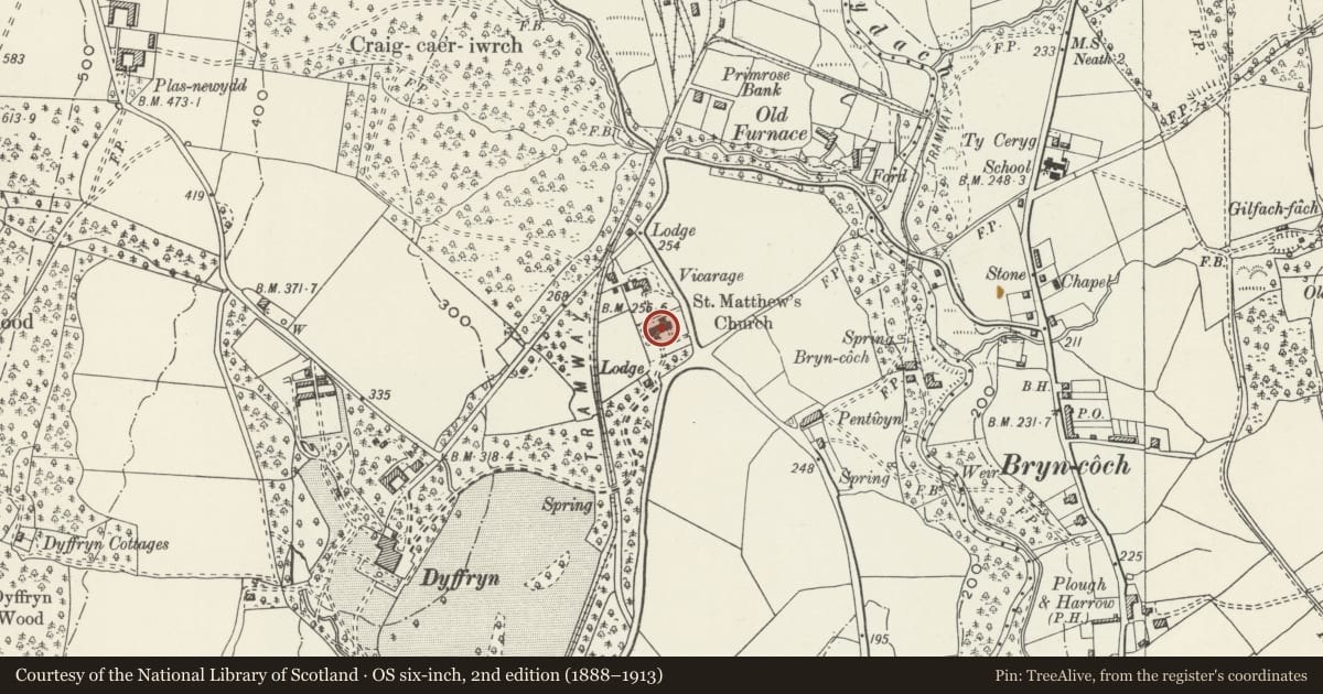 Ordnance Survey six-inch map, 2nd edition (1888–1913) covering the location of Church of Saint Matthew, Dyffryn Clydach, Neath Port Talbot, with a pin at the register's coordinates