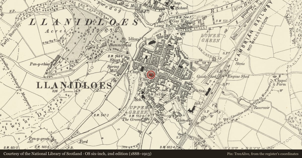 Ordnance Survey six-inch map, 2nd edition (1888–1913) covering the location of Calvinistic Methodist Chapel, Llanidloes, Powys, with a pin at the register's coordinates