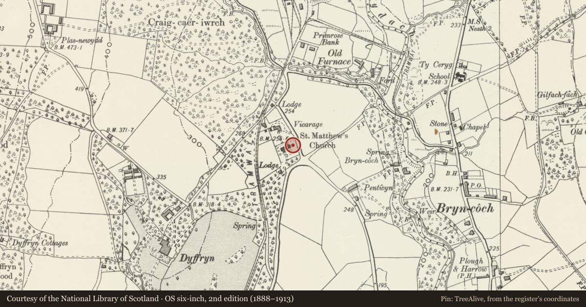 Ordnance Survey six-inch map, 2nd edition (1888–1913) covering the location of Howel Gwyn memorial in churchyard of Church of St Matthew, Dyffryn Clydach, Neath Port Talbot, with a pin at the register's coordinates