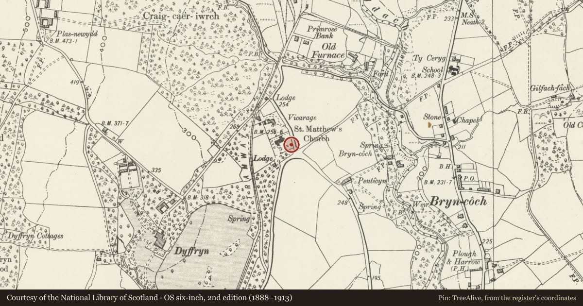 Ordnance Survey six-inch map, 2nd edition (1888–1913) covering the location of Lychgate to churchyard of Church of St Matthew, Dyffryn Clydach, Neath Port Talbot, with a pin at the register's coordinates