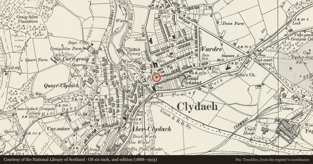 Ordnance Survey six-inch map, 2nd edition (1888–1913) covering the location of Church of Saint Mary, Clydach, Swansea, with a pin at the register's coordinates