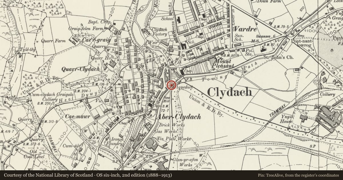 Ordnance Survey six-inch map, 2nd edition (1888–1913) covering the location of Swansea Canal aqueduct over the Lower Clydach River, Swansea, with a pin at the register's coordinates
