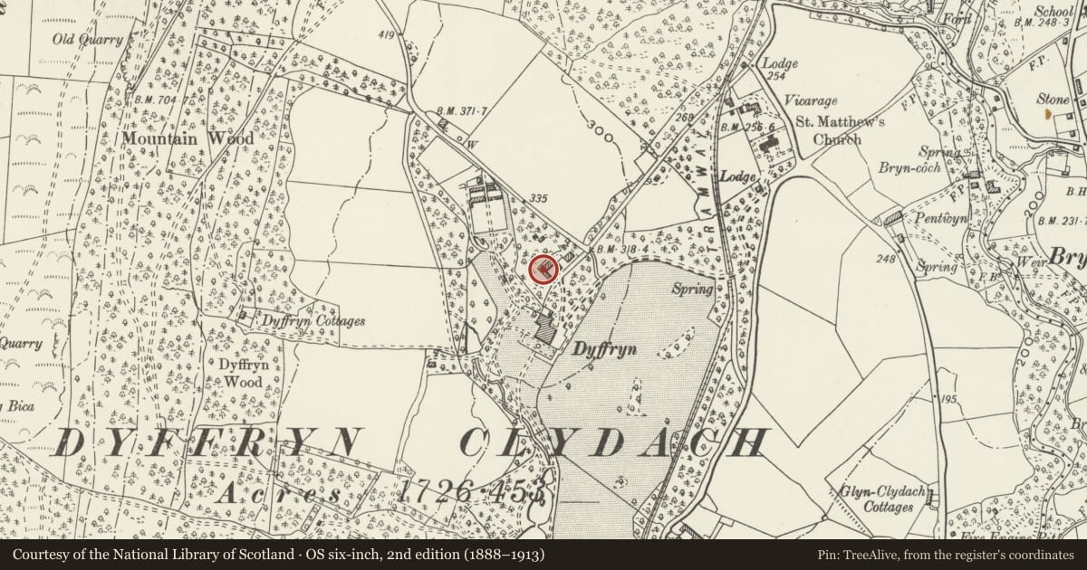 Ordnance Survey six-inch map, 2nd edition (1888–1913) covering the location of The Grange, former stables and coach house to Dyffryn House, Dyffryn Clydach, Neath Port Talbot, with a pin at the register's coordinates