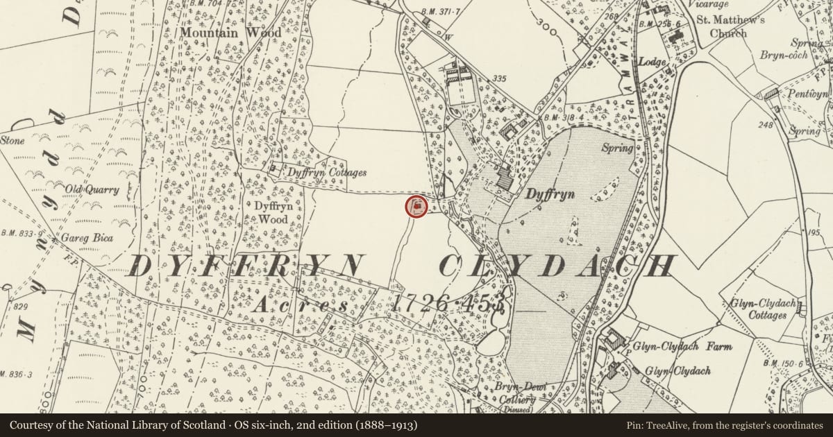 Ordnance Survey six-inch map, 2nd edition (1888–1913) covering the location of Former icehouse to Dyffryn House, Dyffryn Clydach, Neath Port Talbot, with a pin at the register's coordinates