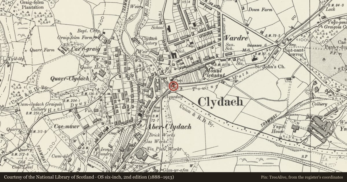 Ordnance Survey six-inch map, 2nd edition (1888–1913) covering the location of Iron Footbridge over the Swansea Canal, Clydach, Swansea, with a pin at the register's coordinates
