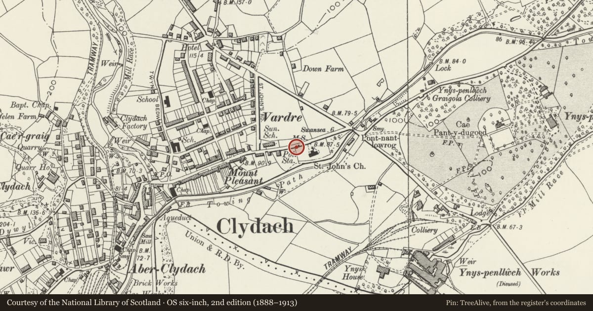 Ordnance Survey six-inch map, 2nd edition (1888–1913) covering the location of Milestone on S side of High Street, Clydach, Swansea, with a pin at the register's coordinates