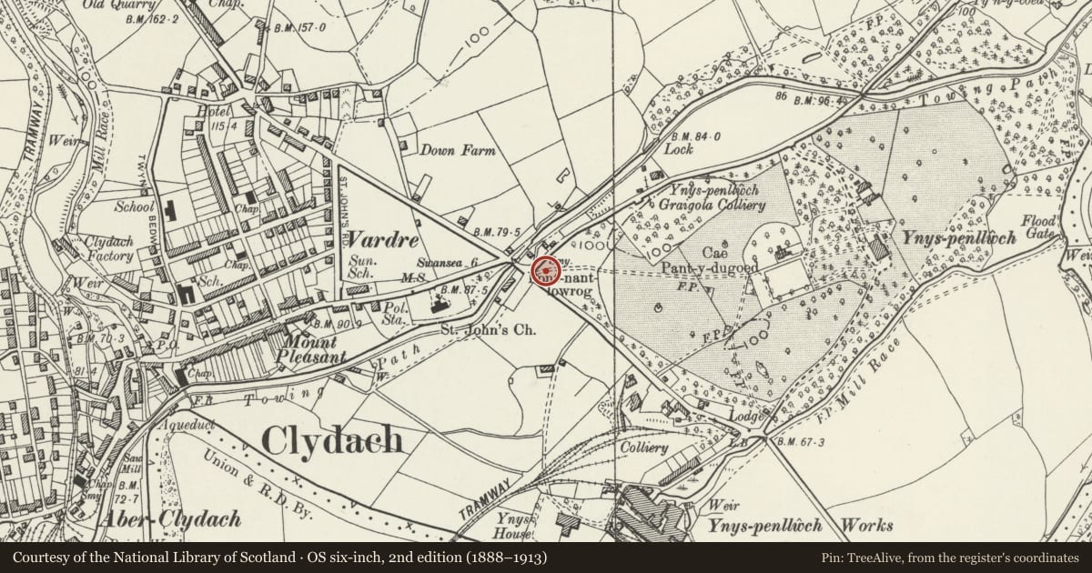 Ordnance Survey six-inch map, 2nd edition (1888–1913) covering the location of Statue of Sir Ludwig Mond, Clydach, Swansea, with a pin at the register's coordinates