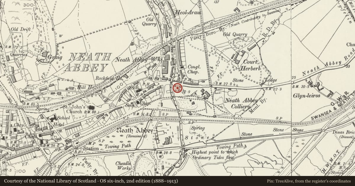 Ordnance Survey six-inch map, 2nd edition (1888–1913) covering the location of The Smiths Arms, Dyffryn Clydach, Neath Port Talbot, with a pin at the register's coordinates