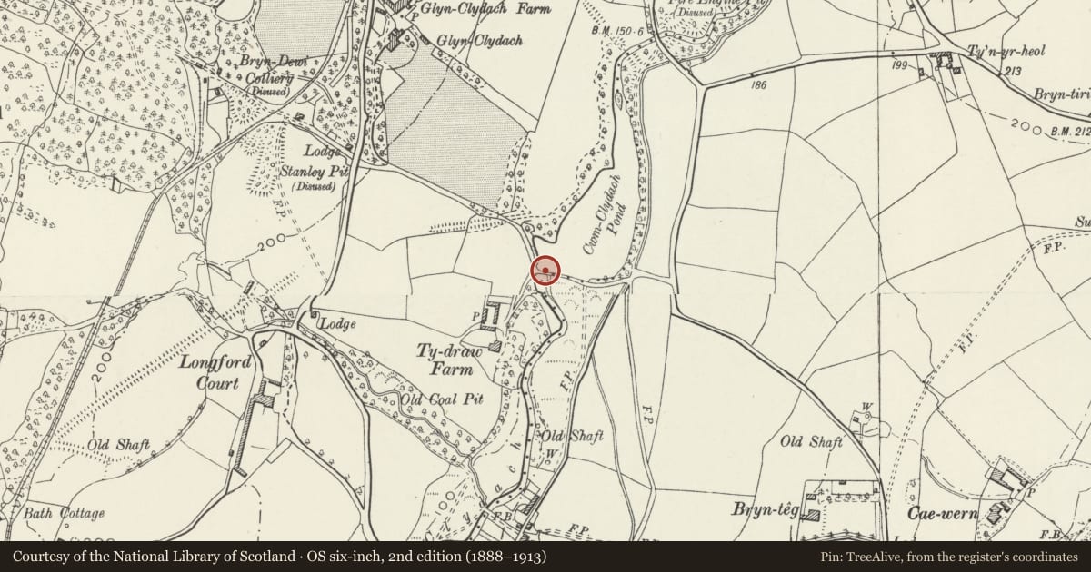Ordnance Survey six-inch map, 2nd edition (1888–1913) covering the location of Cwm Clydach Dam (partly in Dyffryn Clydach community), Blaenhonddan, Neath Port Talbot, with a pin at the register's coordinates