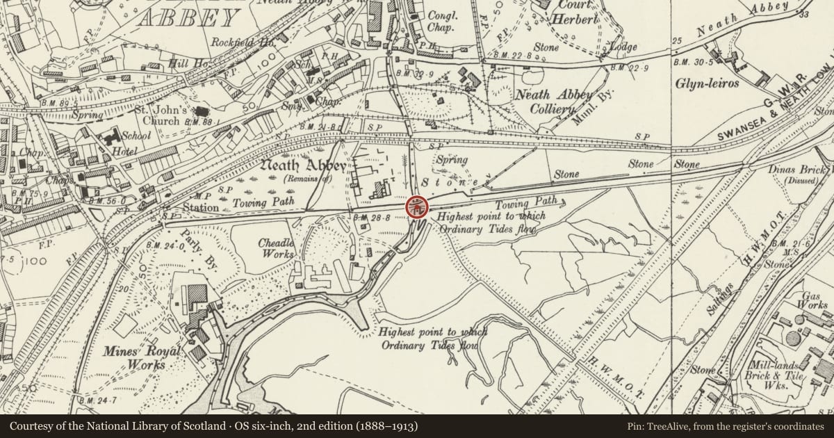 Ordnance Survey six-inch map, 2nd edition (1888–1913) covering the location of Clydach Aqueduct on Tennant Canal, Dyffryn Clydach, Neath Port Talbot, with a pin at the register's coordinates
