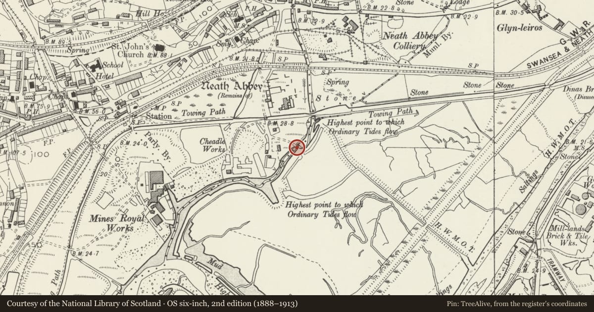 Ordnance Survey six-inch map, 2nd edition (1888–1913) covering the location of Bridge over River Clydach to S of Neath Abbey, Dyffryn Clydach, Neath Port Talbot, with a pin at the register's coordinates