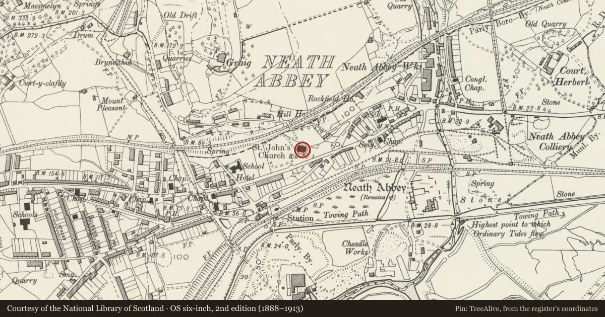 Ordnance Survey six-inch map, 2nd edition (1888–1913) covering the location of Church of Saint John the Baptist, Dyffryn Clydach, Neath Port Talbot, with a pin at the register's coordinates