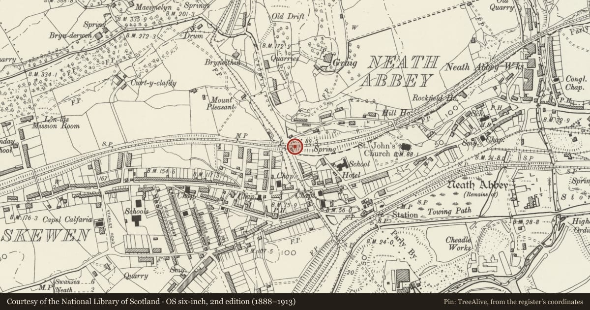 Ordnance Survey six-inch map, 2nd edition (1888–1913) covering the location of Quaker's Viaduct (partly in Coedffranc community), Dyffryn Clydach, Neath Port Talbot, with a pin at the register's coordinates
