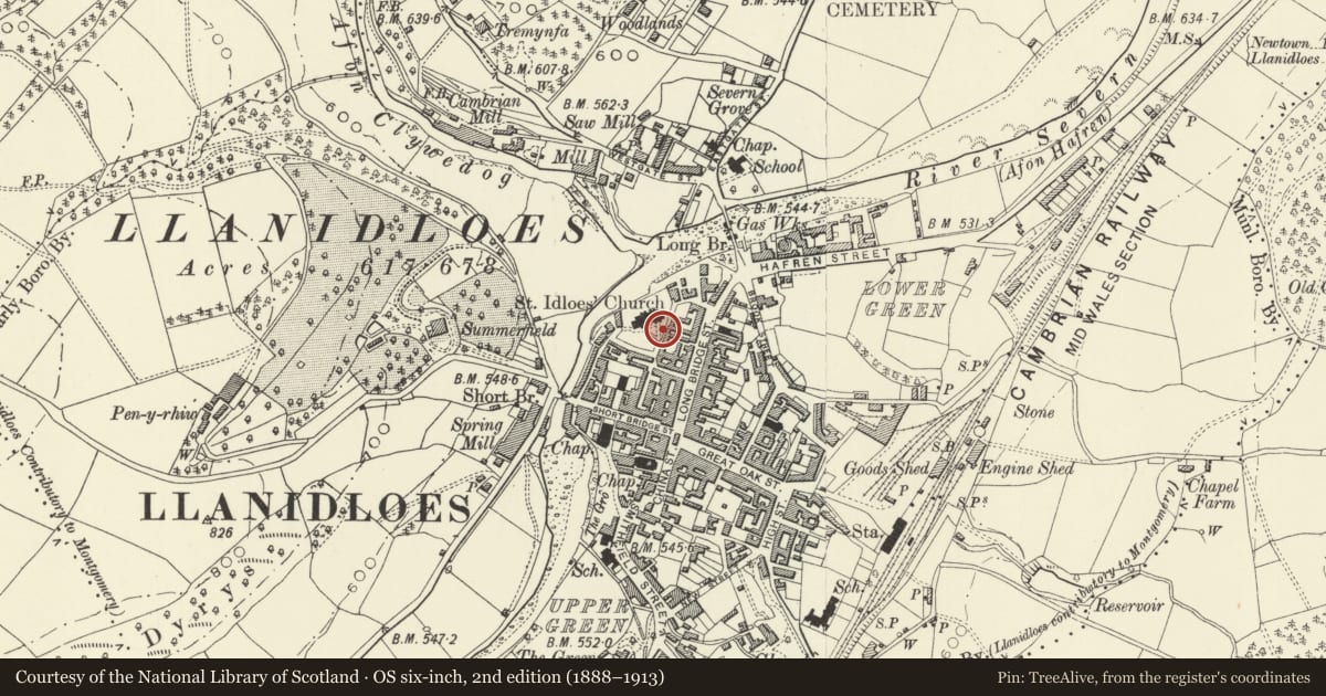 Ordnance Survey six-inch map, 2nd edition (1888–1913) covering the location of Boundary Walls and Gates to St. Idloes Parish Churchyard, Llanidloes, Powys, with a pin at the register's coordinates
