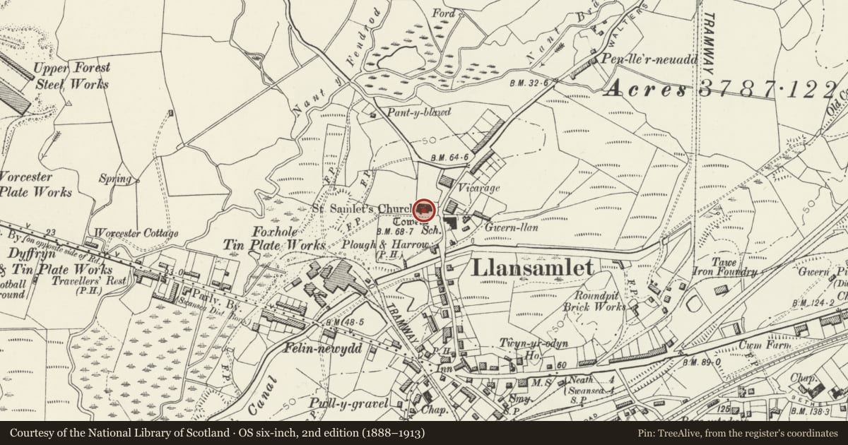 Ordnance Survey six-inch map, 2nd edition (1888–1913) covering the location of Church of Saint Samlet, Llansamlet, Swansea, with a pin at the register's coordinates