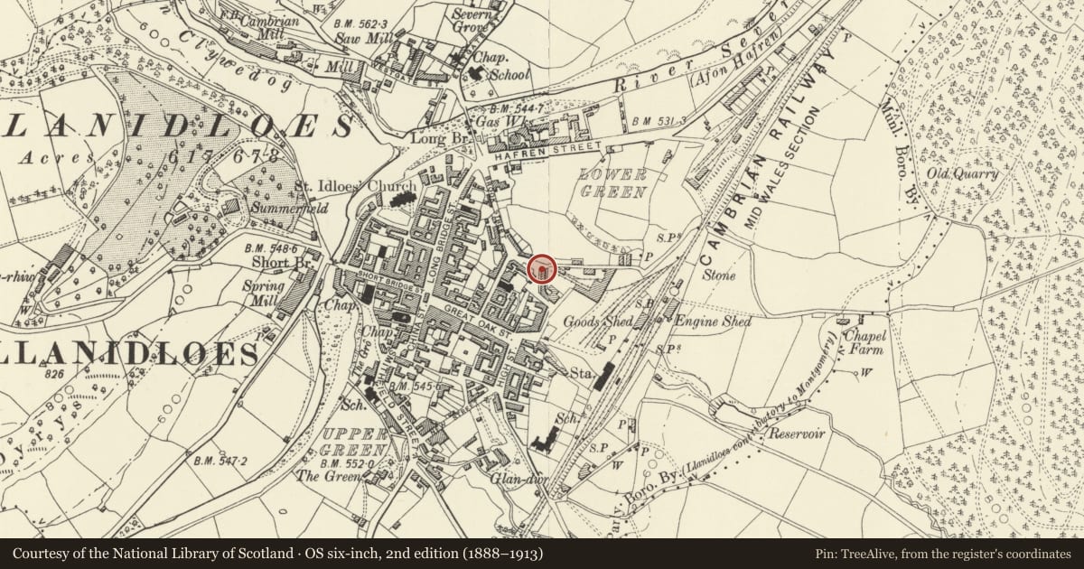Ordnance Survey six-inch map, 2nd edition (1888–1913) covering the location of 1 Foundry Terrace, Llanidloes, Powys, with a pin at the register's coordinates
