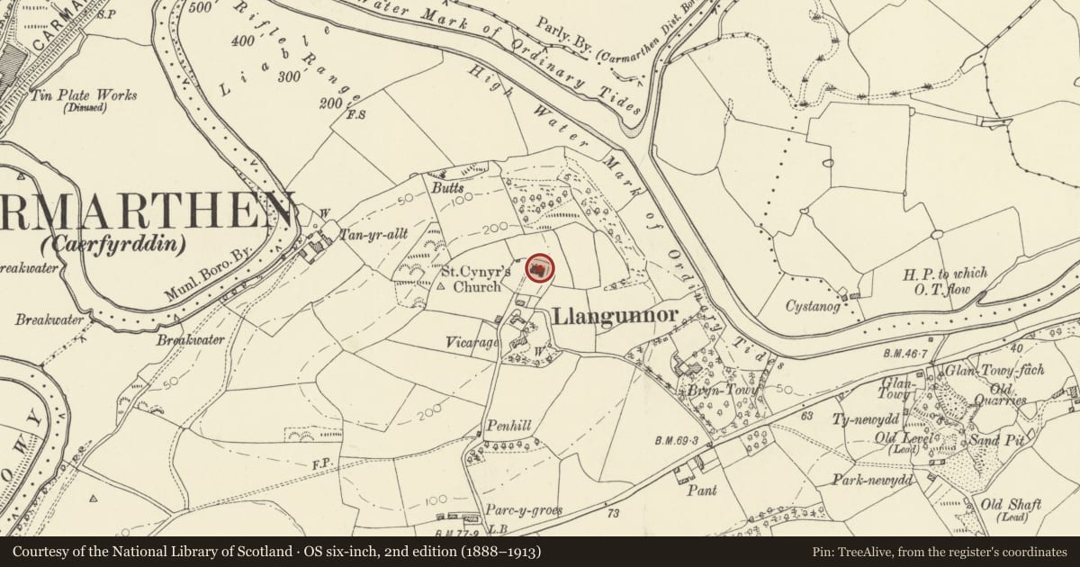Ordnance Survey six-inch map, 2nd edition (1888–1913) covering the location of Church of St Ceinwr, Llangunnor, Carmarthenshire, with a pin at the register's coordinates