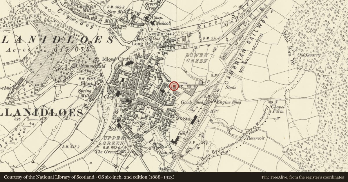 Ordnance Survey six-inch map, 2nd edition (1888–1913) covering the location of 2 Foundry Terrace, Llanidloes, Powys, with a pin at the register's coordinates