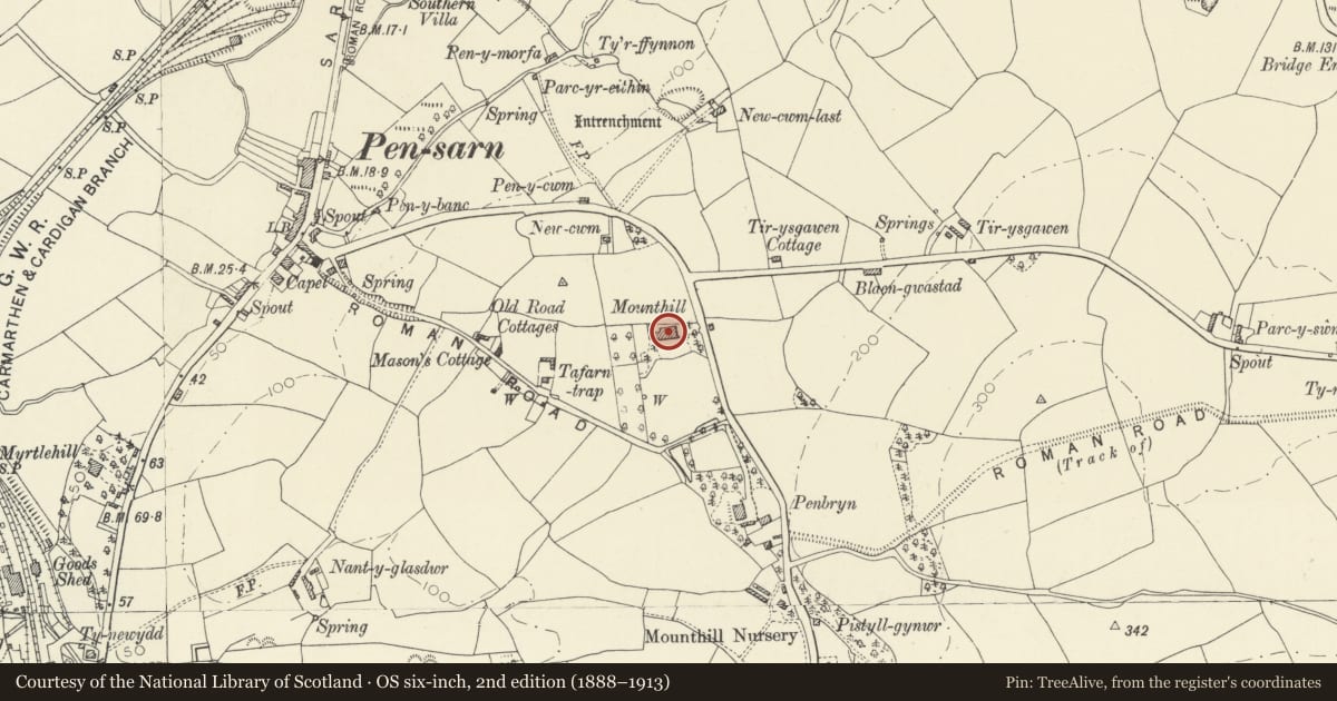 Ordnance Survey six-inch map, 2nd edition (1888–1913) covering the location of Mount Hill, Llangunnor, Carmarthenshire, with a pin at the register's coordinates