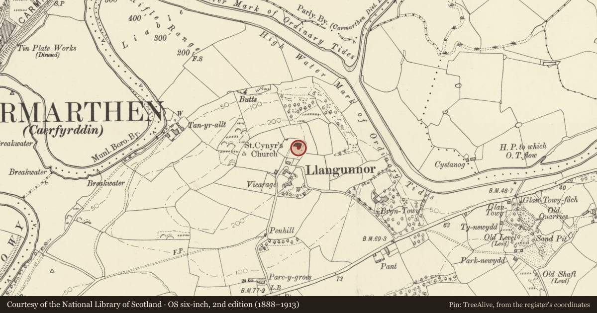 Ordnance Survey six-inch map, 2nd edition (1888–1913) covering the location of Tomb of David Charles in Llangunnor churchyard, Carmarthenshire, with a pin at the register's coordinates
