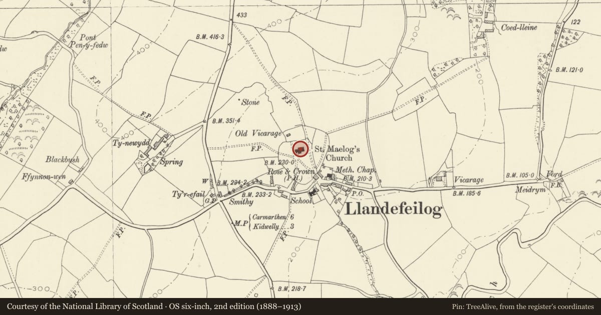 Ordnance Survey six-inch map, 2nd edition (1888–1913) covering the location of Church of St Maelog, Llandyfaelog, Carmarthenshire, with a pin at the register's coordinates