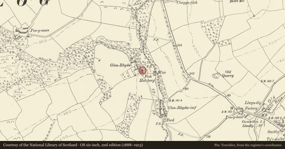 Ordnance Survey six-inch map, 2nd edition (1888–1913) covering the location of Glanrhydw, Llandyfaelog, Carmarthenshire, with a pin at the register's coordinates