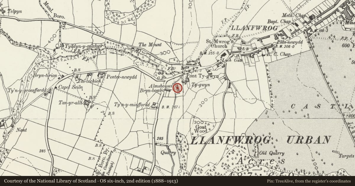 Ordnance Survey six-inch map, 2nd edition (1888–1913) covering the location of The Old Alms Cottages, Ruthin, Denbighshire, with a pin at the register's coordinates