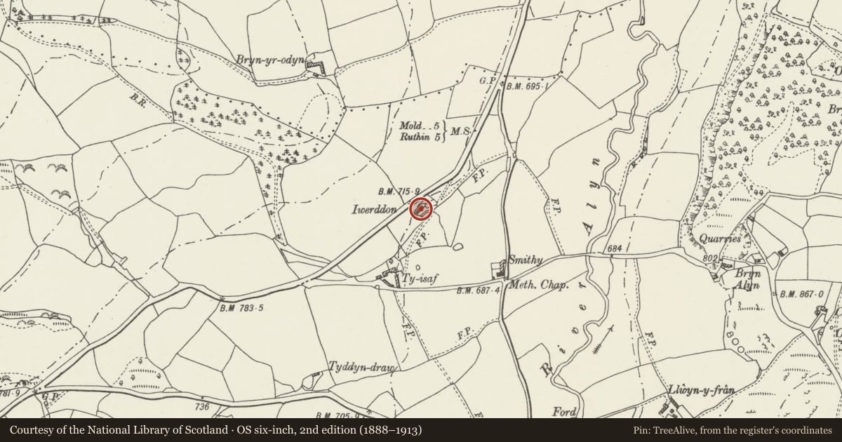 Ordnance Survey six-inch map, 2nd edition (1888–1913) covering the location of Y Werddon, Llanarmon-yn-Ial, Denbighshire, with a pin at the register's coordinates