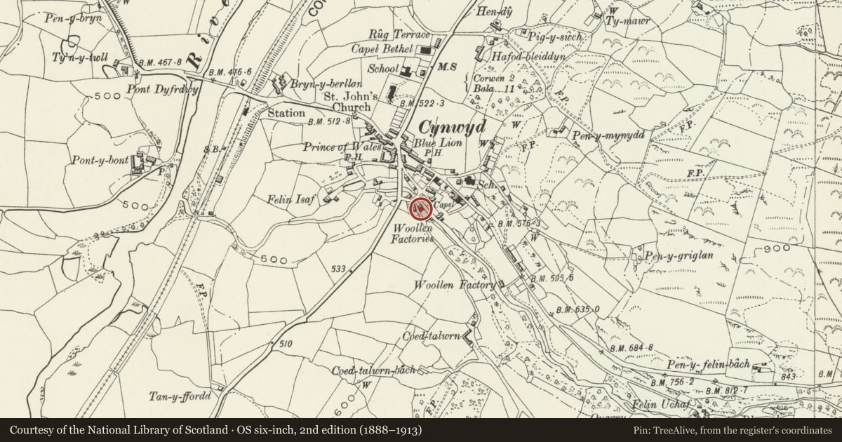 Ordnance Survey six-inch map, 2nd edition (1888–1913) covering the location of 1 Bryntrystion, Cynwyd, Denbighshire, with a pin at the register's coordinates
