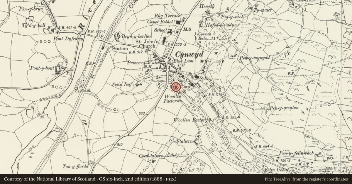 Ordnance Survey six-inch map, 2nd edition (1888–1913) covering the location of 2 Bryntrystion, Cynwyd, Denbighshire, with a pin at the register's coordinates