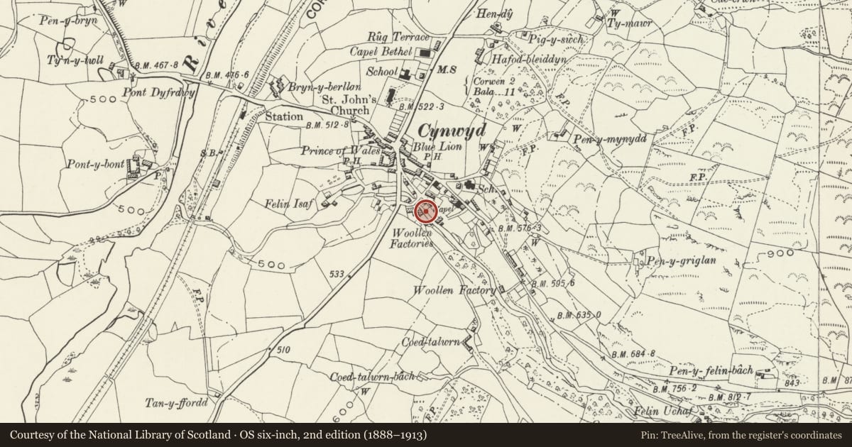 Ordnance Survey six-inch map, 2nd edition (1888–1913) covering the location of Minafon (Former Pentre Llawen Woollen Factory), Cynwyd, Denbighshire, with a pin at the register's coordinates
