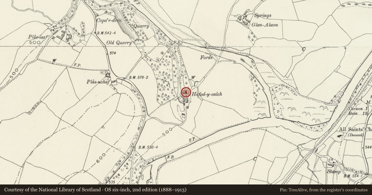 Ordnance Survey six-inch map, 2nd edition (1888–1913) covering the location of Hafod y calch, Cynwyd, Denbighshire, with a pin at the register's coordinates