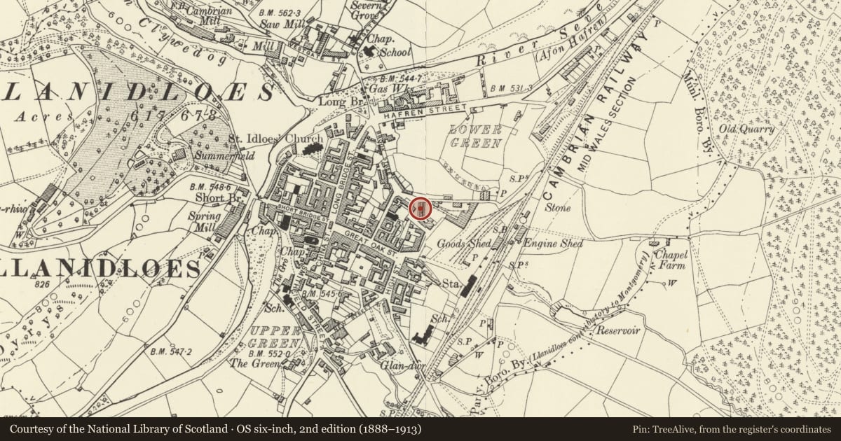 Ordnance Survey six-inch map, 2nd edition (1888–1913) covering the location of 4 Foundry Terrace, Llanidloes, Powys, with a pin at the register's coordinates