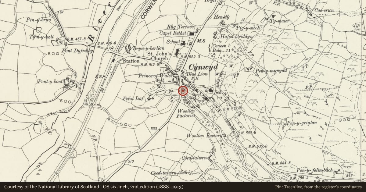 Ordnance Survey six-inch map, 2nd edition (1888–1913) covering the location of Pont Cynwyd, Denbighshire, with a pin at the register's coordinates
