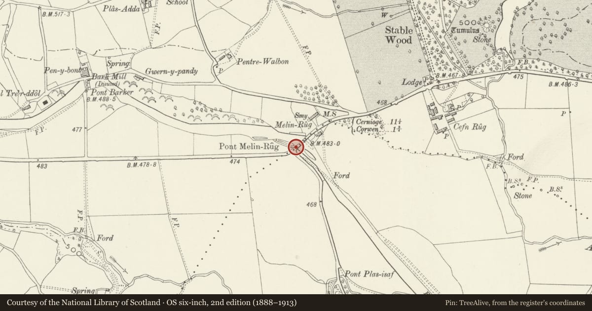 Ordnance Survey six-inch map, 2nd edition (1888–1913) covering the location of Pont Melin Rug, Cynwyd, Denbighshire, with a pin at the register's coordinates