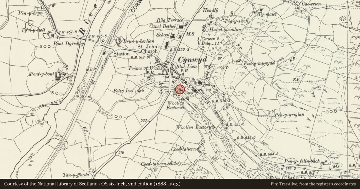 Ordnance Survey six-inch map, 2nd edition (1888–1913) covering the location of Pont Trystion, Cynwyd, Denbighshire, with a pin at the register's coordinates