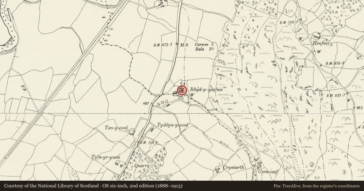Ordnance Survey six-inch map, 2nd edition (1888–1913) covering the location of Rhyd y Glafes, Cynwyd, Denbighshire, with a pin at the register's coordinates