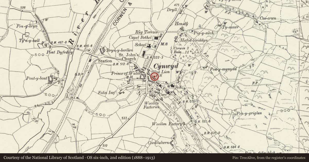 Ordnance Survey six-inch map, 2nd edition (1888–1913) covering the location of Y Bwthyn, Cynwyd, Denbighshire, with a pin at the register's coordinates