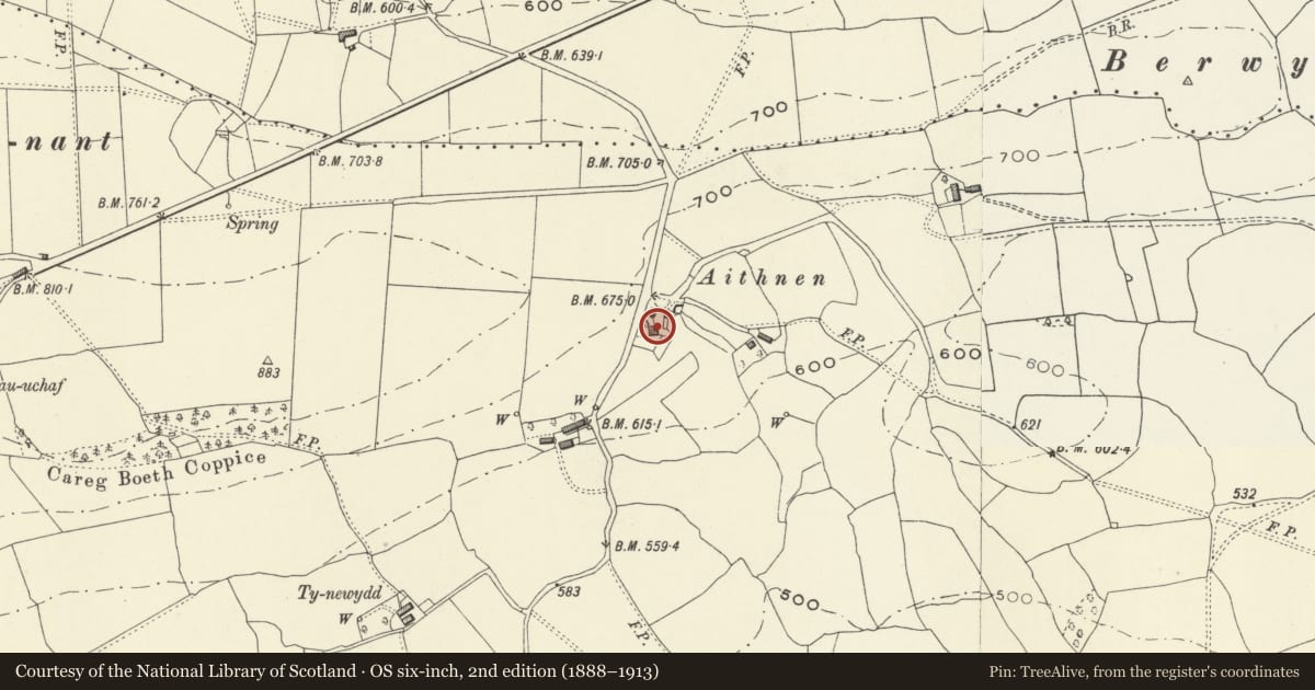 Ordnance Survey six-inch map, 2nd edition (1888–1913) covering the location of Aithnen Canol Farmhouse, Llanfechain, Powys, with a pin at the register's coordinates