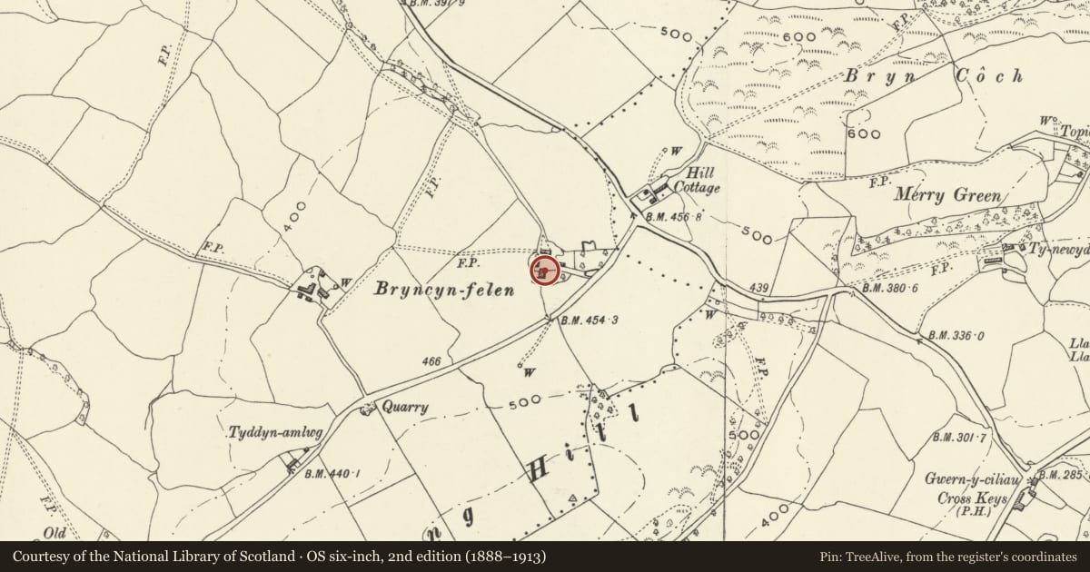Ordnance Survey six-inch map, 2nd edition (1888–1913) covering the location of Bryncynfelin Farmhouse, Llanfechain, Powys, with a pin at the register's coordinates