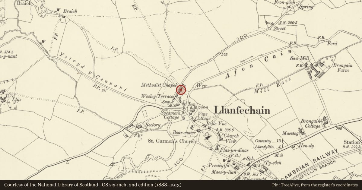 Ordnance Survey six-inch map, 2nd edition (1888–1913) covering the location of Cain Villa, Llanfechain, Powys, with a pin at the register's coordinates