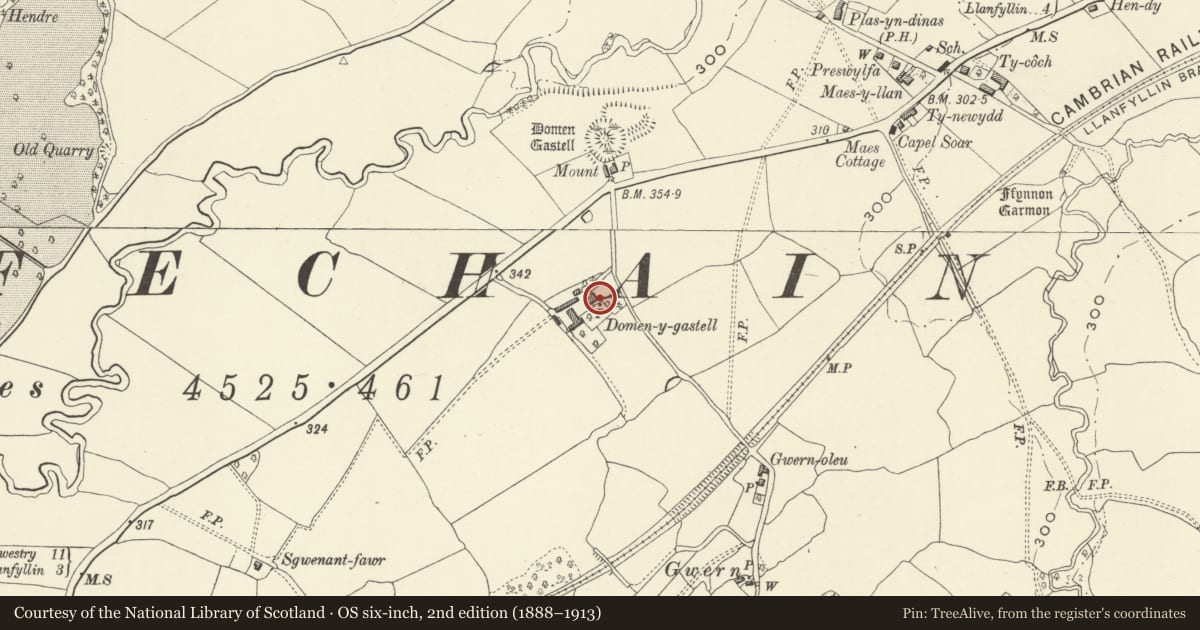 Ordnance Survey six-inch map, 2nd edition (1888–1913) covering the location of Domen Gastell Farmhouse, Llanfechain, Powys, with a pin at the register's coordinates