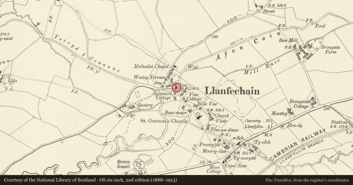 Ordnance Survey six-inch map, 2nd edition (1888–1913) covering the location of Llanfechain Bridge, Powys, with a pin at the register's coordinates