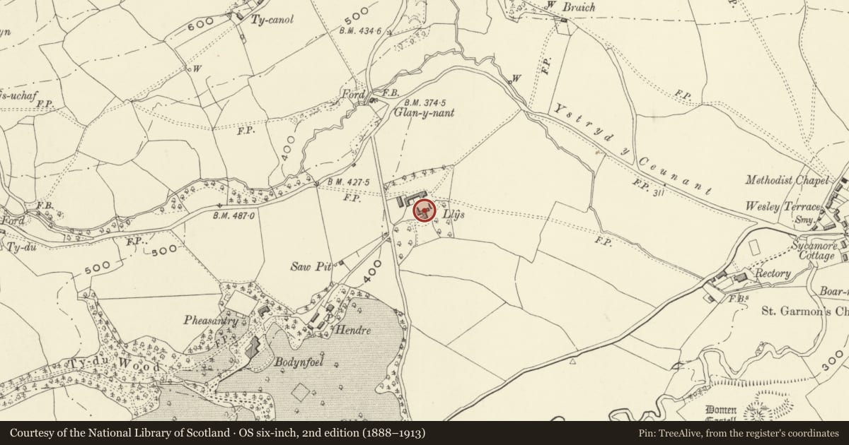 Ordnance Survey six-inch map, 2nd edition (1888–1913) covering the location of Llys Old Farmhouse and Outbuildings Range, Llanfechain, Powys, with a pin at the register's coordinates