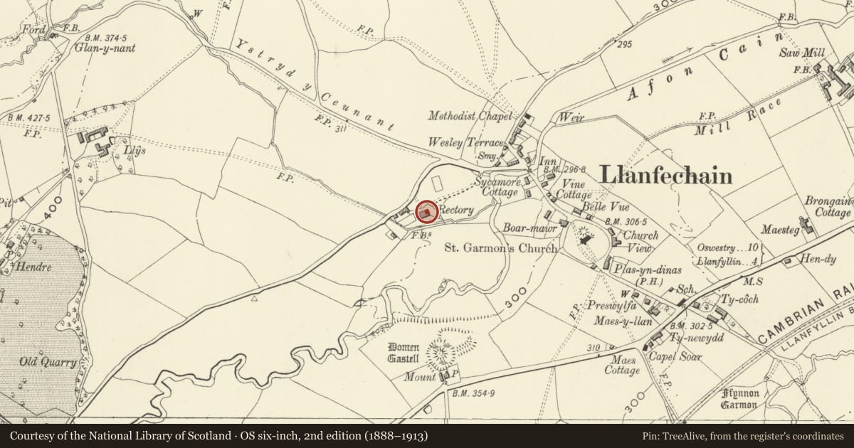 Ordnance Survey six-inch map, 2nd edition (1888–1913) covering the location of Old Rectory, Llanfechain, Powys, with a pin at the register's coordinates