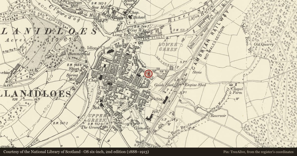 Ordnance Survey six-inch map, 2nd edition (1888–1913) covering the location of 6 Foundry Terrace, Llanidloes, Powys, with a pin at the register's coordinates