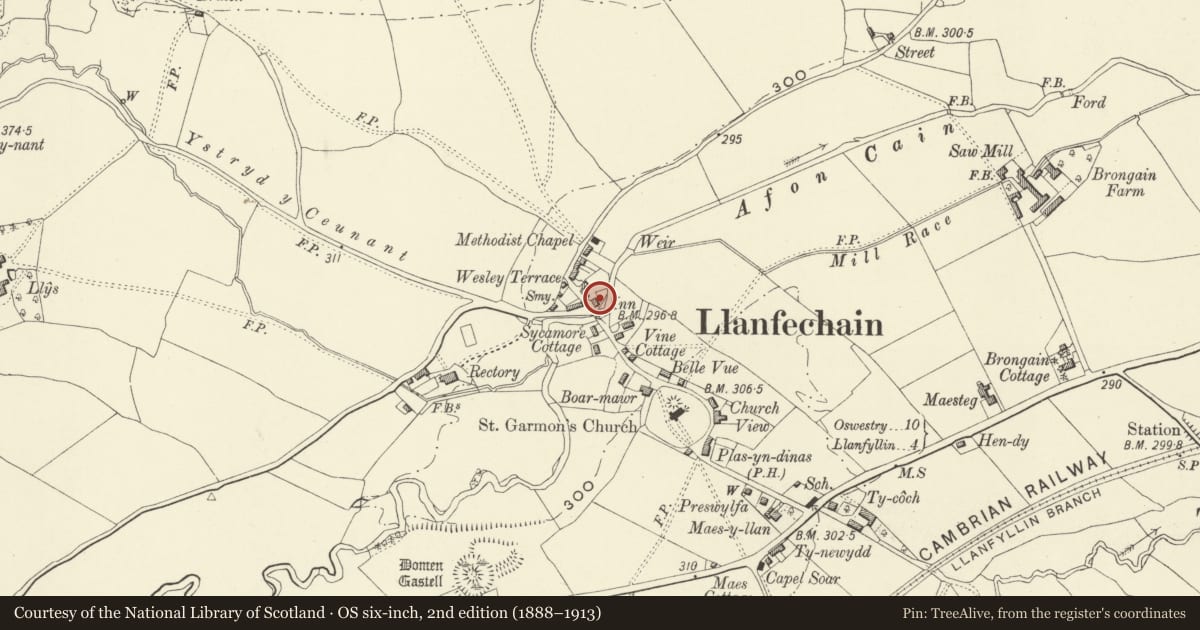 Ordnance Survey six-inch map, 2nd edition (1888–1913) covering the location of Old Talbot Inn, Llanfechain, Powys, with a pin at the register's coordinates
