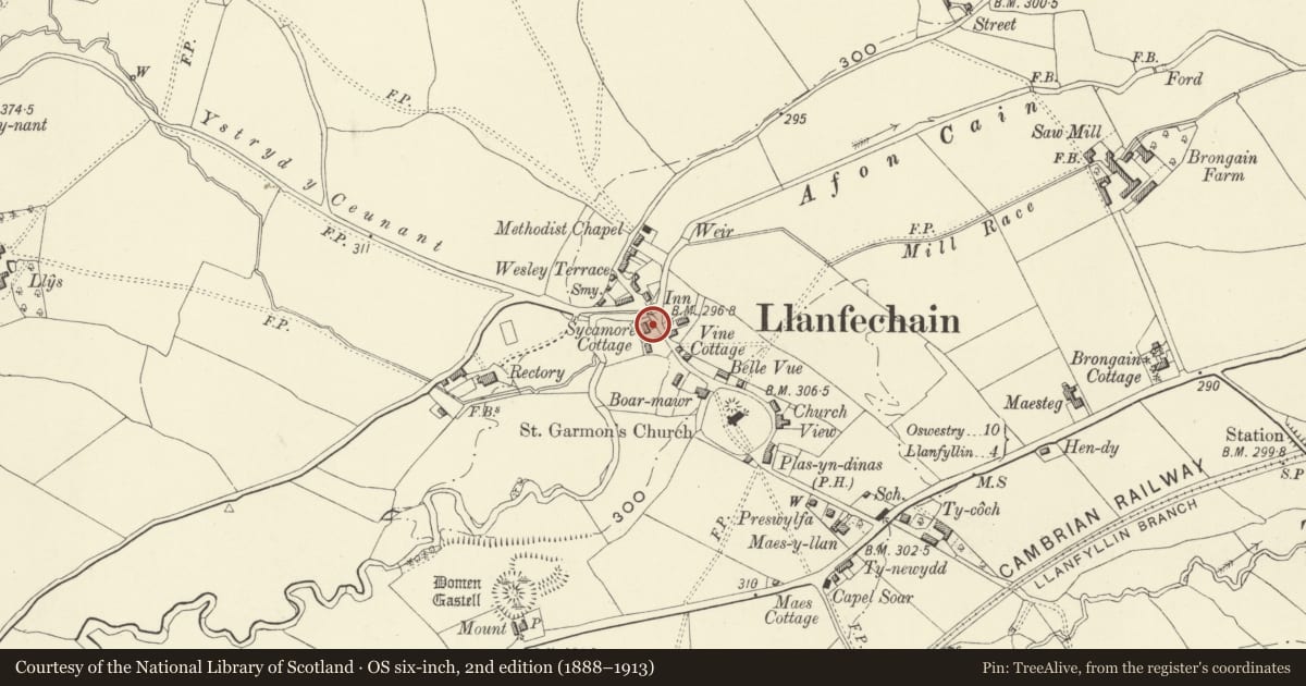 Ordnance Survey six-inch map, 2nd edition (1888–1913) covering the location of Plas Cain, Llanfechain, Powys, with a pin at the register's coordinates