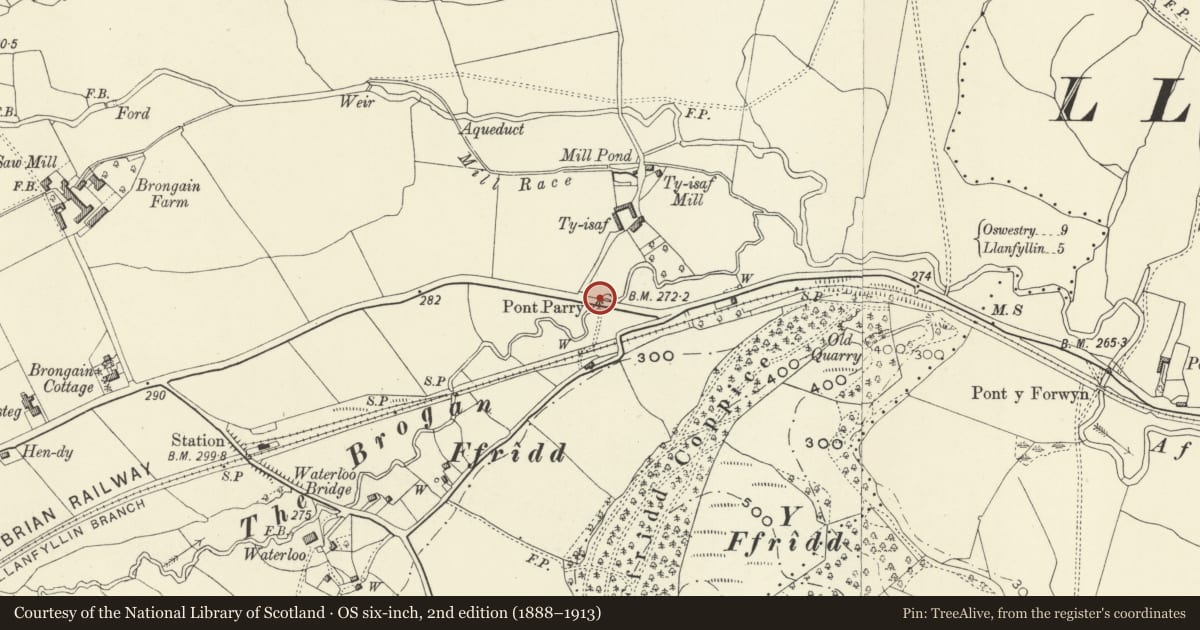 Ordnance Survey six-inch map, 2nd edition (1888–1913) covering the location of Pont Parry, Llanfechain, Powys, with a pin at the register's coordinates