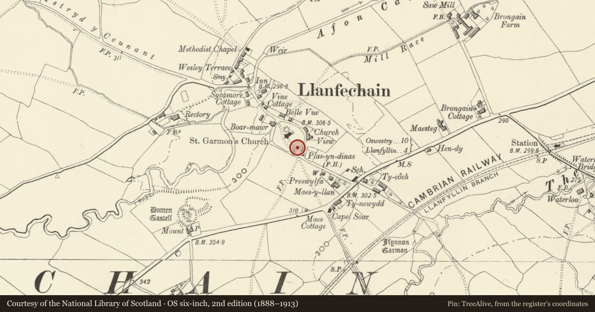 Ordnance Survey six-inch map, 2nd edition (1888–1913) covering the location of St Garmon's Church Lychgate, Llanfechain, Powys, with a pin at the register's coordinates